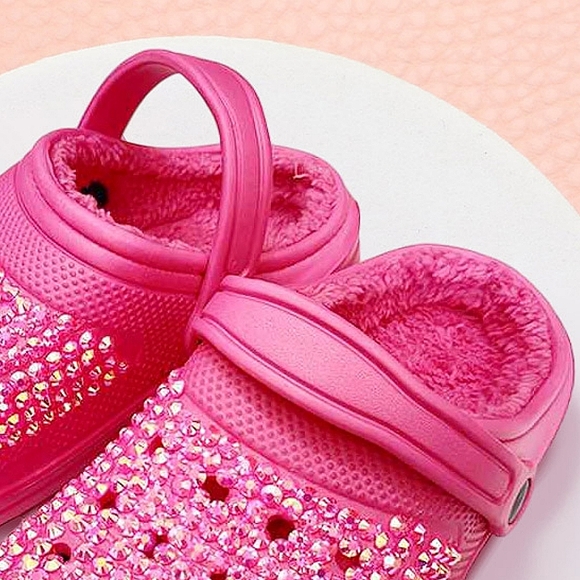 Pink Bling Rhinestone Crystal Fur Slip On Croclike Slides Rubber Clogs Sandals - Picture 3 of 3